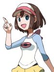  1girl alternate_hair_length alternate_hairstyle blue_eyes bob_cut breasts brown_hair female hand_up happy hat looking_at_viewer medium_breasts mei_(pokemon) multicolored_shirt open_mouth pink_hat poke_ball_theme pokemon pokemon_(game) pokemon_bw2 shiny shiny_hair shirt short_hair short_shorts shorts simple_background smile solo standing teru_zeta upper_body visor_cap white_background yellow_shorts 