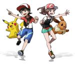  1boy 1girl :3 arm_up backpack bag bangs black_eyes black_footwear black_hair black_shirt blue_shorts blush_stickers brown_eyes brown_hair clenched_hand eevee female_protagonist_(pokemon_lgpe) flat_chest full_body gen_1_pokemon green_shorts hand_up happy hat highres jumping leg_up male_protagonist_(pokemon_lgpe) open_mouth outstretched_arm pikachu pokemon pokemon_(creature) pokemon_(game) pokemon_lgpe ponytail purple_sclera red_footwear red_hat red_shirt shirt shoes short_hair short_shorts short_sleeves shorts simple_background smile teru_zeta tied_hair undershirt white_background 