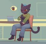  4_toes 5_fingers anthro barefoot black_fur blue_fur breasts candy_borowski_(nitw) cat chair chest_tuft clothed clothing computer daughter desk feline female female_focus fur head_tuft jeans junyois laptop leg_tuft mae_(nitw) mammal masturbation mature_female mother mother_and_daughter navel night_in_the_woods one_eye_closed pants parent partially_clothed red_nose simple_background sitting slightly_chubby surprise sweat sweatdrop sweater toes tuft vaginal vaginal_masturbation webcam whiskers wink 