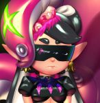  1girl alternate_costume aori_(splatoon) black_hair breasts closed_mouth crop_top earrings food food_on_head jewelry looking_at_viewer object_on_head placeholdname pointy_ears puffy_short_sleeves puffy_sleeves small_breasts solo splatoon splatoon_2 sunglasses sushi tentacle tentacle_hair upper_body 