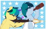  2018 aiming alcohol animated apogee assault_rifle bad_parenting beverage blue_background bottle chest_tuft clothed clothing daughter delta_vee drinking duo equine eyebrows eyelashes eyes_closed eyeshadow fan_character feathered_wings feathers female feral flag floppy_ears freckles fur gun hair holding_object holding_weapon hooves makeup mammal mascara mother mother_and_daughter my_little_pony nude one_eye_closed parent pattern_background pegasus pink_eyes ranged_weapon rifle shinodage shirt shooting short_hair simple_background star tank_top teal_hair tuft weapon wings yellow_feathers 