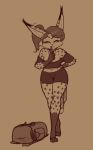  2018 anthro breasts cleavage clothed clothing feline female lynx mammal mara_(scorpdk) monochrome ponytail pose scorpdk sepia solo 