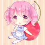  :d apron bangs blue_bow blue_dress blue_footwear blush bow brown_background caramel_(caramelmilk) cherry chibi commentary_request dress eyebrows_visible_through_hair food fruit hair_between_eyes hair_ribbon hand_up heart index_finger_raised looking_at_viewer minigirl open_mouth original pink_hair red_eyes ribbon short_sleeves sitting smile solo striped thighhighs twintails vertical-striped_dress vertical_stripes waist_apron white_apron white_legwear white_ribbon 
