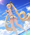  5555_96 absurdly_long_hair ass azur_lane bangs bare_shoulders bikini black_bikini black_ribbon blonde_hair blue_sky blush breasts cloud commentary_request day eyebrows_visible_through_hair flower from_below hair_flower hair_ornament hair_ribbon highres large_breasts long_hair looking_at_viewer nelson_(azur_lane) ocean open_mouth outdoors pleated_skirt pointing pointing_at_viewer red_eyes ribbon see-through shoulder_blades side-tie_bikini sidelocks signature skindentation skirt sky solo standing swimsuit thighs twintails twisted_torso very_long_hair wristband 