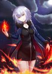  ahoge bangs black_dress blue_jacket blunt_bangs building collarbone cowboy_shot dress fate/grand_order fate_(series) fire grin hand_on_hilt head_tilt jacket jeanne_d'arc_(alter)_(fate) jeanne_d'arc_(fate)_(all) jewelry looking_at_viewer moon necklace night open_clothes open_jacket outdoors randoru shiny shiny_hair short_dress short_hair silver_hair sky smile solo standing star_(sky) starry_sky wicked_dragon_witch_ver._shinjuku_1999 yellow_eyes 