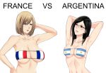 2girls :d argentina argentinian_flag armpits arms_behind_head arms_up bangs bare_arms bare_shoulders bikini black_hair blonde_hair blue_eyes braces breasts cleavage collarbone earrings eyebrows_visible_through_hair eyelashes france french_flag glasses grin hair_between_eyes hand_behind_head hand_on_head hand_on_hip hand_to_head highres hoop_earrings jewelry large_breasts long_hair looking_at_another makeup mascara medium_breasts mole_on_armpits multiple_girls navel open_mouth original over-rim_eyewear parted_lips red_lips semi-rimless_eyewear shiny shiny_skin short_hair simple_background smile stomach strapless strapless_bikini swimsuit vs white_background world_cup xtermination 