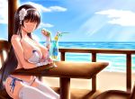  alternate_costume bangs beach bikini black_hair blue_sky blush breasts chair cleavage closed_mouth collarbone commentary_request cup day elbow_rest eyebrows_visible_through_hair flower girls_frontline gloves groin hair_flower hair_ornament hairband half_gloves highres holding_drinking_straw large_breasts long_hair looking_at_viewer mingke ocean qbz-95_(girls_frontline) sand side-tie_bikini sidelocks sitting skindentation sky smile solo swimsuit table thighhighs thighs tropical_drink very_long_hair waves white_bikini white_gloves white_legwear yellow_eyes 