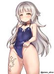  azur_lane bangs blue_swimsuit blunt_bangs blush breasts cameltoe casual_one-piece_swimsuit choker closed_mouth commentary covered_nipples cowboy_shot eyebrows_visible_through_hair hairband highres iron_cross long_hair looking_at_viewer mole mole_under_eye one-piece_swimsuit piano-alice pussy_juice silver_hair simple_background small_breasts solo swimsuit swimsuit_lift tattoo thighs twitter_username white_background yellow_eyes z46_(azur_lane) 