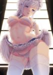  ass_visible_through_thighs azur_lane backlighting bangs belfast_(azur_lane) blue_eyes blue_skirt bra braid breasts chain collar commentary_request crotch_seam french_braid frilled_panties frilled_skirt frills garter_belt grey_hair head_tilt highres lifted_by_self long_hair looking_at_viewer maid_headdress medium_breasts micro_bra micro_panties miniskirt navel nipple_slip nipples no_shirt open_mouth panties ricca skirt skirt_lift smile solo sparkle standing suggestive_fluid thighhighs underwear white_bra white_legwear white_panties 