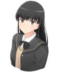  amagami ayatsuji_tsukasa bangs black_bow black_hair black_jacket blazer blunt_bangs bow bowtie cropped_arms cropped_torso eyebrows_visible_through_hair grey_eyes grey_sweater highres jacket long_hair looking_at_viewer open_blazer open_clothes open_jacket shiny shiny_hair shirt simple_background smile solo sweater ucukrtz upper_body white_background white_shirt 
