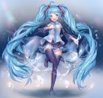  :d absurdly_long_hair absurdres ahoge aqua_eyes aqua_hair boots detached_sleeves full_body hand_on_own_chest hatsune_miku headset highres komadori_ui long_hair looking_at_viewer musical_note necktie open_mouth skirt smile solo standing standing_on_one_leg thigh_boots thighhighs twintails very_long_hair vocaloid 