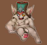  2018 abs anthro balls barazoku big_ears biped blind_eye brown_background chin_tuft claws dripping ear_piercing eye_scar feet flaccid foreskin fur hat heterochromia hotoshuken humanoid_penis kled_(lol) league_of_legends looking_at_viewer male mammal mature_male melee_weapon mostly_nude muscular muscular_male navel nipples open_mouth pecs penis piercing ponytail pose precum precum_drip riot_games scar simple_background sitting solo teeth toe_claws tongue uncut video_games weapon white_balls white_fur yordle 