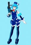  android aqua_background aqua_eyes ascot bangs black_legwear blue blue_hair blue_hat bob_cut contrapposto e.x._troopers eyebrows_visible_through_hair full_body glasses gloves gun hat high_heels highres holding holding_gun holding_weapon looking_at_viewer ojipon pale_skin red_neckwear robot robot_joints short_hair simple_background smile solo standing thighhighs w.i.z-gamma weapon white_gloves 