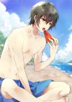  beach black_hair blue_sky cloud commentary food fruit green_eyes holding holding_food holding_fruit kanai_(mahoro) king_of_prism_by_prettyrhythm kougami_taiga male_focus male_swimwear open_mouth plant pretty_rhythm short_hair sky solo sparkle swim_trunks swimwear water watermelon 