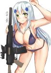  assault_rifle bent_over bikini blush breasts character_name cleavage commentary eyebrows eyebrows_visible_through_hair girls_frontline green_eyes gun hair_ornament heckler_&amp;_koch highres hk416 hk416_(girls_frontline) looking_at_viewer negister purple_bikini rifle silver_hair sketch smile swimsuit tattoo weapon 