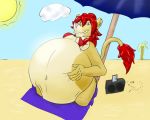  anthro beach belly big_belly breasts clothed clothing digital_drawing_(artwork) digital_media_(artwork) english_text feline female grin hair humor kneeling lion mammal music nadine_(warlus) oral_vore pun red_hair seaside smile solo swimsuit teeth text vore warlus 