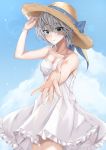  anastasia_(idolmaster) bangs bare_shoulders blue_eyes blue_sky blush breasts cleavage closed_mouth coffeedog collarbone commentary_request day dress eyelashes hair_between_eyes hat highres idolmaster idolmaster_cinderella_girls looking_at_viewer medium_breasts outstretched_arm short_hair silver_hair sky smile solo sun_hat thighs white_dress 