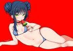  bangs bare_shoulders bikini black_choker blue_bikini blue_hair breasts choker collarbone commentary dark_blue_hair double_bun eating eyebrows_visible_through_hair fingernails food green_eyes groin halter_top halterneck highres holding long_fingernails looking_at_viewer lying mojarin_(kihara_mojarin) mole mole_under_eye nail_polish navel on_side original popsicle red_background red_nails sidelocks signature simple_background skindentation small_breasts solo stomach strap_gap string_bikini sweat swimsuit symbol_commentary watch watermelon_bar wristwatch 