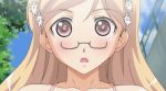  10s 1girl animated animated_gif areolae assisted_exposure blonde_hair blush breasts fault!! glasses hayama_rika huge_breasts nipples swimsuit t-rex_(animation_studio) 