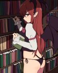  alternate_eye_color armband ass back black_panties black_vest blurry blurry_background book bookshelf bow bowtie breasts butt_crack demon_girl demon_tail demon_wings error fang_out from_side hair_between_eyes head_wings highres holding holding_book indoors juliet_sleeves koakuma light long_hair long_sleeves looking_at_viewer looking_to_the_side maroon_neckwear marsen medium_breasts no_pants panties pointy_ears profile puffy_sleeves red_bow red_eyes red_hair red_neckwear reflective_eyes shiny shiny_hair shirt side-tie_panties solo standing string_panties tail thighs touhou underwear vest white_shirt wings 