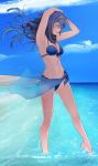  absurdres alternate_costume arm_over_head armpits arms_up barefoot beach bikini blue_bikini blue_eyes blue_hair blue_sky breasts cleavage commentary day fire_emblem fire_emblem:_kakusei fire_emblem_heroes hair_lift highres lucina medium_breasts navel ocean outdoors sand sarong sky stomach swimsuit symbol_commentary tiara toned tusia wading water 