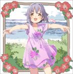 :d beach blue_sky blush border bush cinderella_girls_gekijou cloud collarbone commentary contrapposto cowboy_shot day dress feet_out_of_frame floral_print flower hair_flaps hibiscus idolmaster idolmaster_cinderella_girls koshimizu_sachiko lavender_dress layered_dress looking_at_viewer ocean open_mouth orange_eyes outdoors outstretched_arms purple_hair rope short_hair short_sleeves sky smile solo spread_arms standing yukie_(kusaka_shi) 