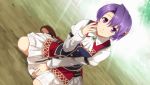  arm_strap ascot asymmetrical_bangs bangs between_legs breasts dress dutch_angle eiyuu_densetsu game_cg hair_ornament hand_between_legs hand_on_own_face klose_rinz long_sleeves looking_at_viewer medium_breasts official_art purple_eyes purple_hair school_uniform shoes short_hair sitting sora_no_kiseki vest wariza 