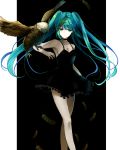  bangs bird black_dress blue_hair breasts brown_feathers chakku_kanda cleavage dress eagle floating_hair frilled_dress frills green_eyes hatsune_miku long_hair looking_down medium_breasts shadow short_dress sideboob sleeveless sleeveless_dress solo standing twintails very_long_hair vocaloid 