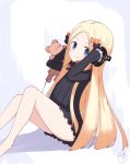  abigail_williams_(fate/grand_order) arms_up bangs bare_legs barefoot black_bow black_dress blonde_hair blue_eyes blush bow bug butterfly closed_mouth commentary_request dress eyebrows_visible_through_hair fate/grand_order fate_(series) forehead hair_bow hands_on_headphones highres insect kujou_karasuma leaning_back long_hair long_sleeves looking_at_viewer looking_to_the_side no_hat no_headwear orange_bow parted_bangs polka_dot polka_dot_bow signature sitting sleeves_past_fingers sleeves_past_wrists smile solo stuffed_animal stuffed_toy teddy_bear thighs very_long_hair 