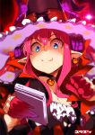  bangs black_choker black_hat blue_eyes cellphone choker clenched_hand closed_mouth collarbone dragon_girl dragon_horns earrings elizabeth_bathory_(fate)_(all) elizabeth_bathory_(halloween)_(fate) eyebrows_visible_through_hair fang fang_out fate/grand_order fate_(series) food_themed_earrings halloween_costume hat holding holding_phone horns jack-o'-lantern jewelry long_hair phone pink_hair pointy_ears pumpkin_earrings smartphone smartphone_case smile solo star star_print upper_body witch_hat yuuzii 