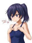  bare_shoulders blue_hair blue_swimsuit blush breast_conscious breasts cleavage collarbone eyebrows_visible_through_hair flying_sweatdrops fujisawa_aya_(gundam_build_divers) gundam gundam_build_divers hair_between_eyes hands_on_own_chest haura_akitoshi looking_down medium_hair one-piece_swimsuit purple_eyes school_swimsuit shiny shiny_clothes shiny_hair side_ponytail simple_background small_breasts solo swimsuit twitter_username upper_body white_background 