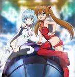  :d adapted_costume ayanami_rei bare_shoulders blue_eyes blue_hair blurry blurry_background boots breasts brown_hair closed_mouth depth_of_field expressionless eyebrows_visible_through_hair hair_between_eyes hand_on_hip leotard looking_at_viewer multiple_girls neon_genesis_evangelion ontaros open_mouth red_eyes red_legwear red_leotard round_teeth short_hair small_breasts smile souryuu_asuka_langley teeth thighhighs white_legwear white_leotard wristband 
