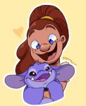  &lt;3 2018 alien angoraram blue_eyes brown_hair clothed clothing digital_drawing_(artwork) digital_media_(artwork) disney duo experiment_(species) fangs freckles fur hair head_tuft hug hugging_from_behind human lilo_and_stitch looking_at_another looking_down looking_up mammal open_mouth open_smile outline pink_tongue ponytail purple_eyes purple_fur purple_mouth signature simple_background smile snooty tongue victoria_(lilo_and_stitch) yellow_background 