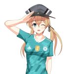 2018_fifa_world_cup absurdres adidas alternate_costume blonde_hair breasts clothes_writing collarbone eyebrows_visible_through_hair german germany green_eyes hat highres kantai_collection looking_at_viewer military_hat one_eye_closed peaked_cap prinz_eugen_(kantai_collection) salute soccer soccer_uniform solo sportswear translated transparent_background twintails uniform world_cup 