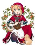  absurdres apron bad_id bad_pixiv_id basket belt black_footwear black_legwear black_neckwear blonde_hair blue_flower bottle bunny cape capelet choker flower forest frilled_apron frills full_body hair_flower hair_ornament highres holding holding_basket hooded little_red_riding_hood little_red_riding_hood_(grimm) nature neck_ribbon one_knee orange_flower pantyhose pink_flower red_capelet red_skirt ribbon shirt short_hair skirt skirt_hold solo tadaomi_(amomom) white_apron white_background white_shirt 