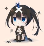  :&lt; bangs bikini black_bikini black_footwear black_hair black_jacket black_rock_shooter black_rock_shooter_(character) black_shorts blue_eyes blush boots brown_background chibi closed_mouth crossed_bandaids empty_eyes eyebrows_visible_through_hair hair_between_eyes jacket ji_dao_ji knee_boots leg_hug long_hair long_sleeves open_clothes open_jacket short_shorts shorts sitting solo sparkle star swimsuit twintails uneven_twintails very_long_hair 