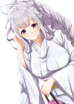  adjusting_hair bangs bow braid character_request clearite commentary_request copyright_request hair_bow japanese_clothes kimono long_hair single_braid white_hair white_kimono 