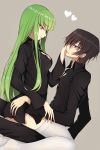  1girl bangs black_hair black_pants black_shirt breasts c.c. cleavage code_geass eye_contact eyebrows_visible_through_hair from_side girl_on_top green_hair grey_background hand_on_another's_ass hand_on_another's_cheek hand_on_another's_face heart highres lelouch_lamperouge long_hair looking_at_another lucky_keai medium_breasts pants parted_lips purple_eyes shiny shiny_hair shirt sitting smile thighhighs very_long_hair white_legwear yellow_eyes 