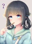  ? bangs black_hair blue_eyes blue_hoodie blush commentary_request endsmall_min eyebrows_visible_through_hair food food_in_mouth grey_background hair_ornament hair_rings hand_up highres hood hood_down hoodie long_hair long_sleeves looking_at_viewer nagi_no_asukara pocky shiodome_miuna simple_background solo sweat 