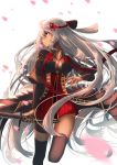  absurdres arm_guards black_bow black_coat black_legwear blurry blurry_foreground bow breasts cleavage cleavage_cutout coat commentary covered_nipples dark_skin depth_of_field dress fate/grand_order fate_(series) hair_bow hair_ornament hand_up highres holding holding_sword holding_weapon large_breasts long_hair okita_souji_(alter)_(fate) okita_souji_(fate)_(all) open_clothes open_coat parted_lips profile re:rin red_dress short_sleeves silver_hair solo sword tassel thighhighs very_long_hair weapon white_background 