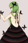  backless_dress backless_outfit bangs black_butterfly black_dress black_ribbon butterfly_hair_ornament c.c. code_geass cowboy_shot dress eyebrows_visible_through_hair from_behind green_hair grey_background hair_ornament hair_over_shoulder halterneck highres layered_dress long_hair looking_at_viewer looking_back lucky_keai ribbon shiny shiny_hair simple_background sleeveless sleeveless_dress solo standing very_long_hair white_ribbon yellow_eyes 