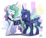  2018 duo equine eyes_closed feathered_wings feathers female feral friendship_is_magic hair horn mammal multicolored_hair my_little_pony open_mouth princess_celestia_(mlp) princess_luna_(mlp) smile tsitra360 winged_unicorn wings 