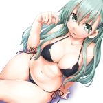  aqua_eyes aqua_hair arm_support bikini black_bikini breasts cleavage collarbone covered_nipples dd_(ijigendd) dutch_angle eyebrows_visible_through_hair from_above hair_between_eyes hair_ornament hairclip halterneck hand_in_hair hand_up kantai_collection large_breasts long_hair looking_at_viewer medium_breasts navel open_mouth shiny shiny_clothes side-tie_bikini simple_background sitting smile solo suzuya_(kantai_collection) swimsuit thigh_gap white_background wide_hips 
