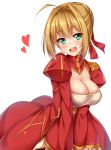  aestus_estus ahoge bangs blonde_hair breasts cleavage commentary_request dress epaulettes fate/extra fate_(series) green_eyes hair_between_eyes hair_intakes heart highres kuragari large_breasts looking_at_viewer nero_claudius_(fate) nero_claudius_(fate)_(all) open_mouth red_dress solo white_background 