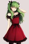  black_legwear black_ribbon c.c. code_geass collarbone cosplay cowboy_shot dress earrings eyebrows_visible_through_hair fate/stay_night fate_(series) floating_hair green_hair grey_background hair_between_eyes hair_ribbon hand_in_hair highres jewelry long_hair looking_at_viewer lucky_keai mouth_hold necklace pantyhose red_dress ribbon shiny shiny_hair simple_background sleeveless sleeveless_dress solo standing toosaka_rin toosaka_rin_(cosplay) two_side_up very_long_hair 