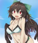  :d bare_arms bare_shoulders bikini bikini_day black_wings blue_sky breasts brown_hair cleavage cloud collarbone commentary_request day eyebrows_visible_through_hair feathered_wings green_bikini groin hair_between_eyes head_tilt highres large_breasts long_hair looking_at_viewer navel open_mouth outdoors red_eyes reiuji_utsuho sky smile solo stomach strap_gap swimsuit touhou tyouseki upper_body v_arms wings 