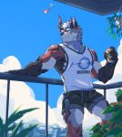  2018 absurd_res anthro balcony biceps city clothed clothing digital_media_(artwork) fur hi_res horn male mammal silentheaven solo wind_chime 