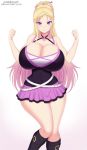  1girl bare_arms bare_shoulders blonde_hair blush breasts cleavage criss-cross_halter gradient_hair hair_stick huge_breasts kainkout long_hair looking_at_viewer miniskirt ponytail purple_eyes skirt smile standing valkyrie_drive valkyrie_drive_-bhikkhuni- very_long_hair viola_(valkyrie_drive) watermark web_address wide_hips 