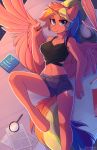  2018 absurd_res anthro bed book breasts clothed clothing cutie_mark digital_media_(artwork) english_text equine fan_character feathered_wings feathers female fensu-san hair hi_res horn looking_at_viewer lying magnifying_glass mammal midriff multicolored_hair my_little_pony navel on_back rainbow_hair solo text winged_unicorn wings 
