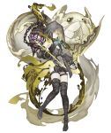  1girl arrow bare_shoulders belt birdcage boots bow_(weapon) brown_hair cage dark_persona detached_sleeves empty_eyes energy_arrow expressionless flat_chest full_body garter_straps green_eyes gretel_(sinoalice) half-nightmare hansel_(sinoalice) hood hood_up ji_no looking_at_viewer official_art pale_skin sinoalice solo thigh_boots thighhighs transparent_background weapon 